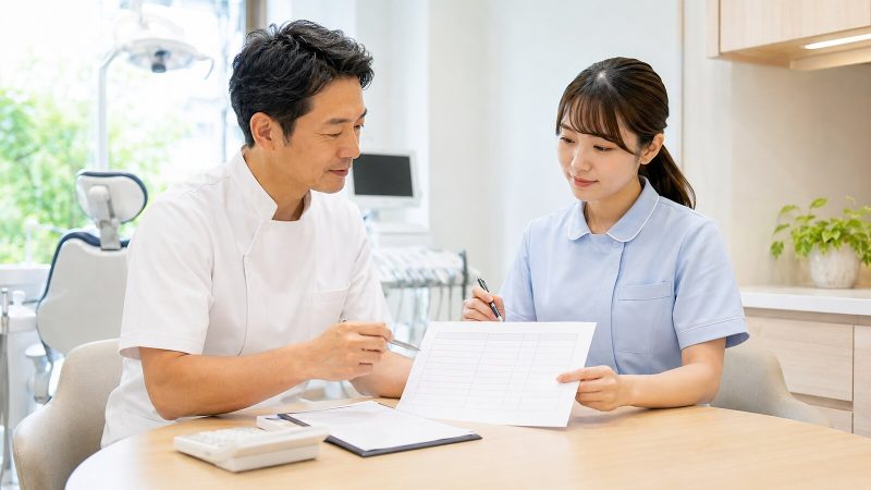 給与条件を確認する歯科医院の院長と歯科衛生士