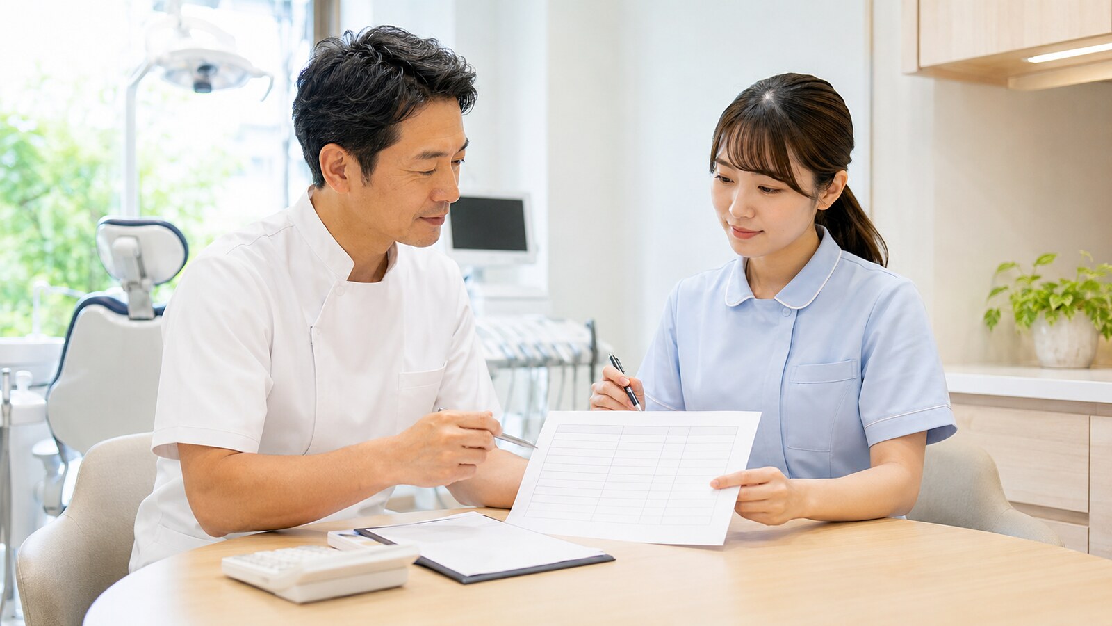 給与条件を確認する歯科医院の院長と歯科衛生士