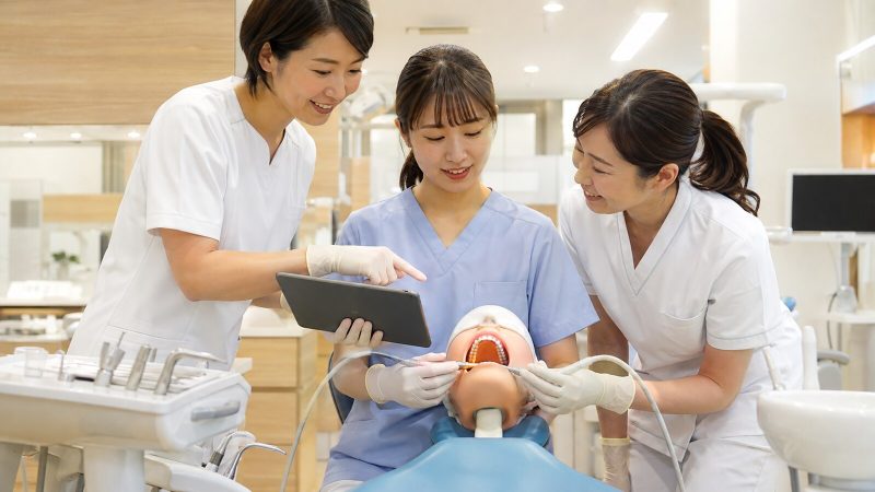 複数の先輩が協力して歯科衛生士を教育するOJT