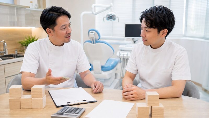勤務歯科医師の固定給と歩合給の条件を相談する院長と採用担当者