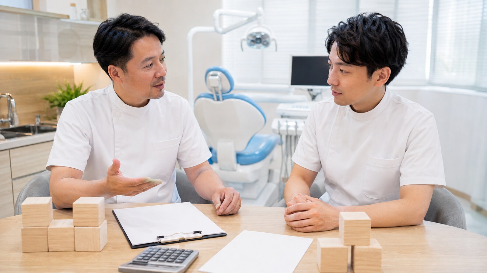 勤務歯科医師の固定給と歩合給の条件を相談する院長と採用担当者