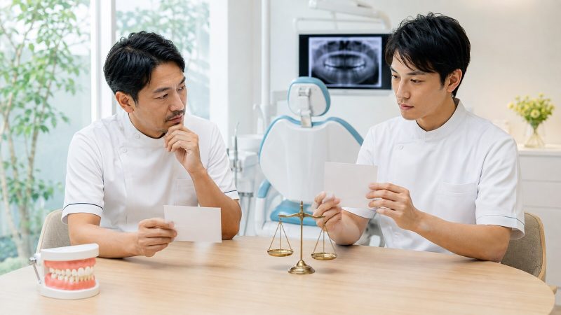 勤務歯科医師の歩合給の計算方法を確認する院長と採用担当者