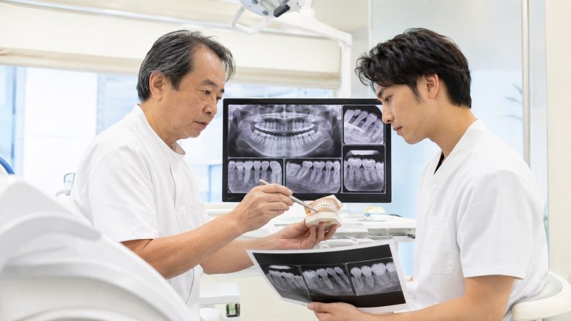 若手歯科医師への症例配分を相談する指導医と歯科スタッフ