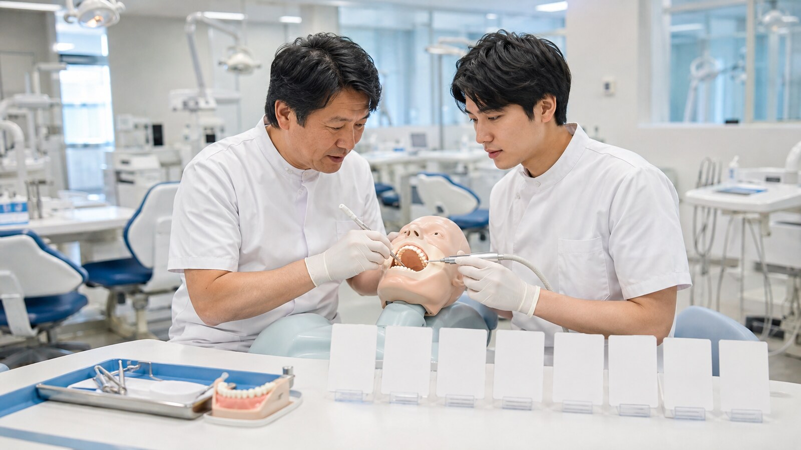 一年目の教育カリキュラムを確認する若手勤務歯科医師と指導医