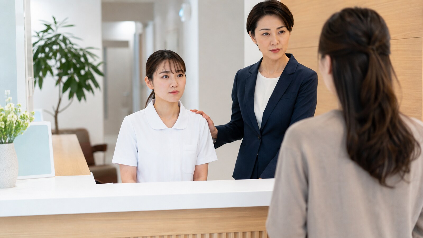 患者対応の安全手順を確認する歯科医院の受付スタッフと院長