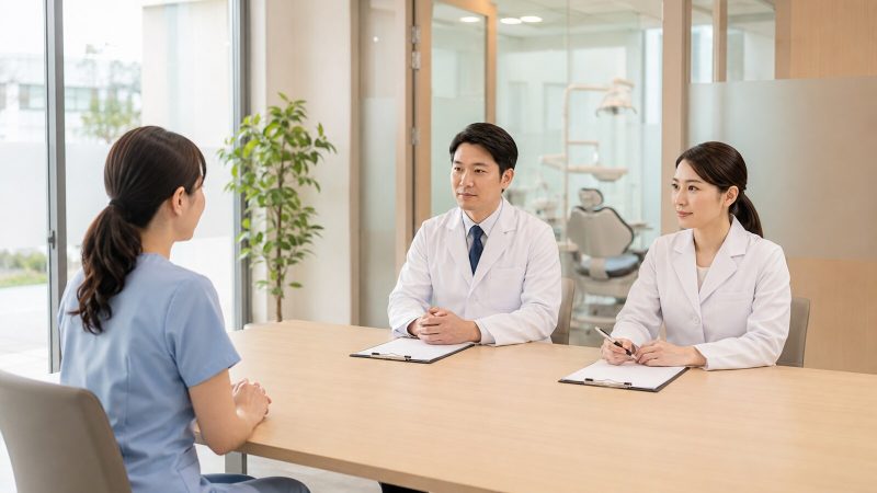 開放的な診療室で二人の採用担当者が歯科衛生士候補者を面接する様子